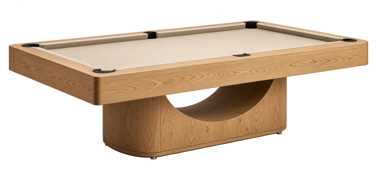 Natural oak pool table with cream cloth, three-quarter view.